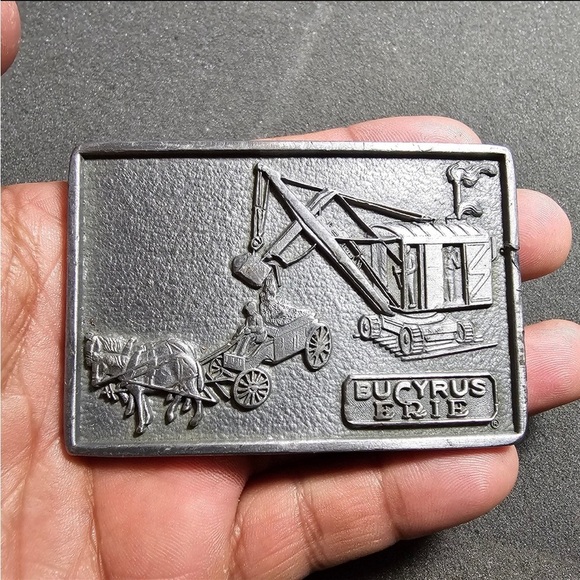 Bucyrus-Erie Pewter Rectangle Belt Buckle B-E Steam Shovel Horse and Wagon 3×2in - Picture 1 of 9